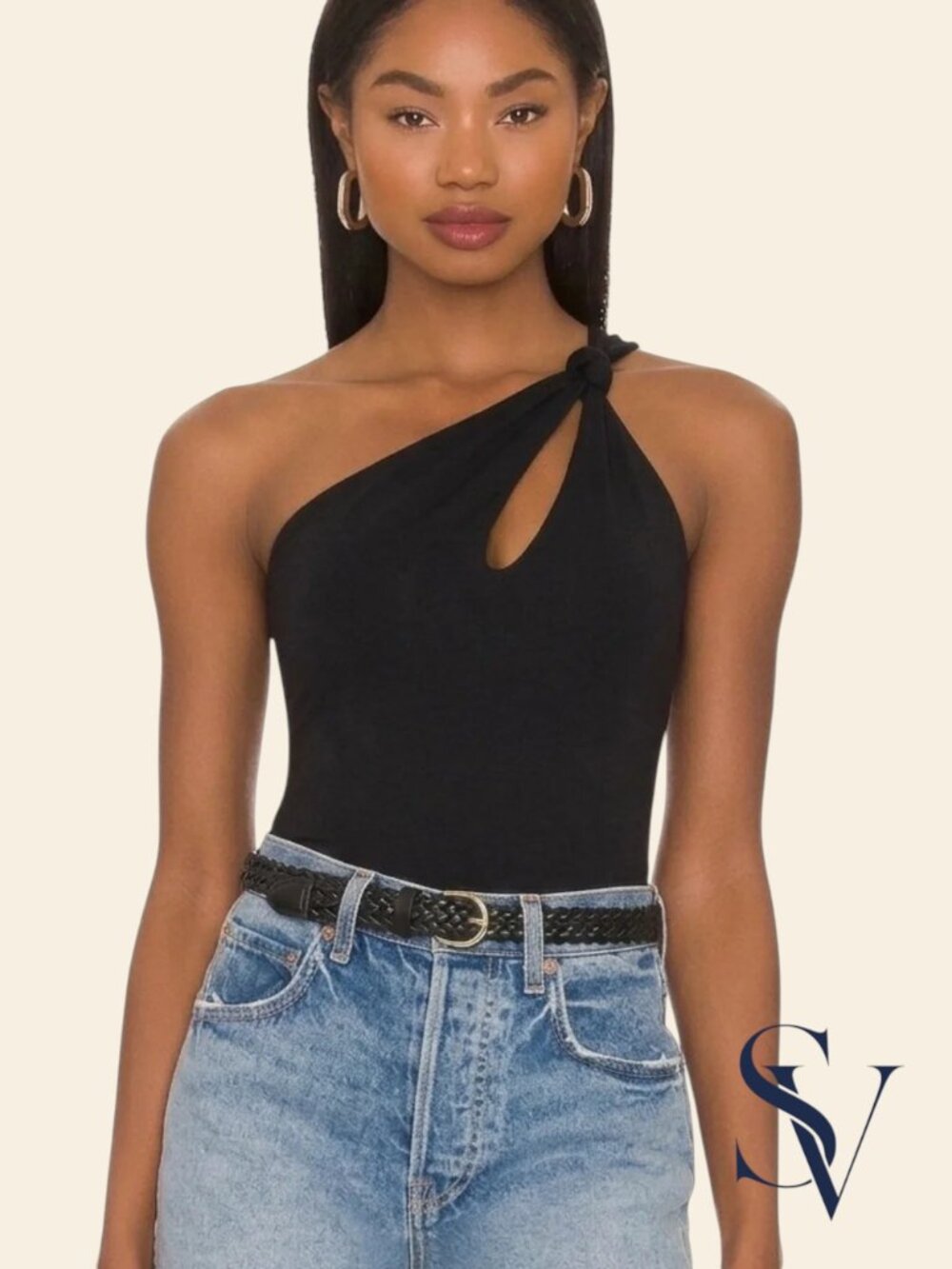 Susana Monaco Black One-Shoulder Knot-Detail Top, Size S